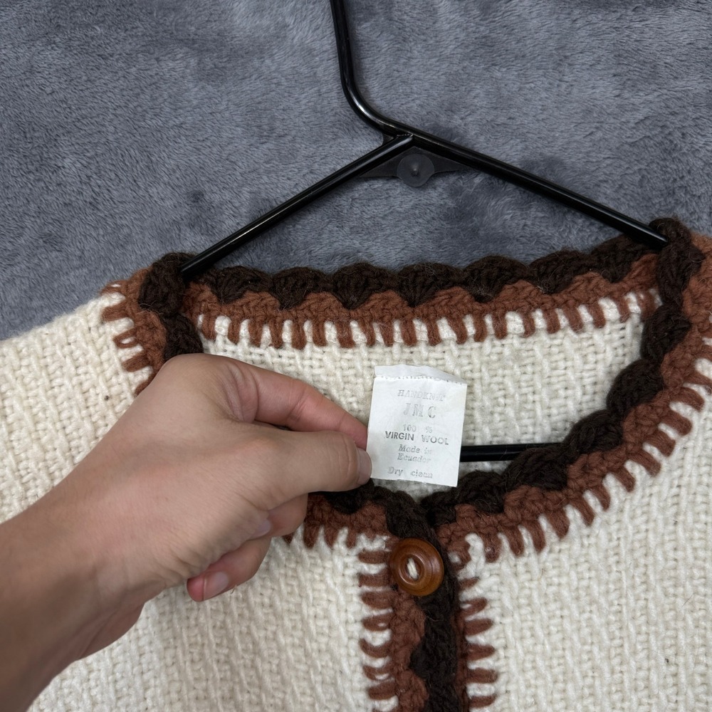 JMC Cardigan Sweater Womens XL Cream Excellent Hand Knit Virgin Wool Ecuador - Picture 2 of 7